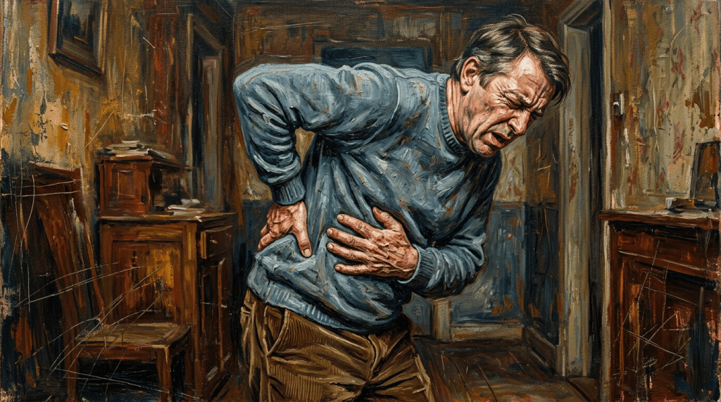Middle-aged man in sweater clutching lower back in pain with red pain illustration